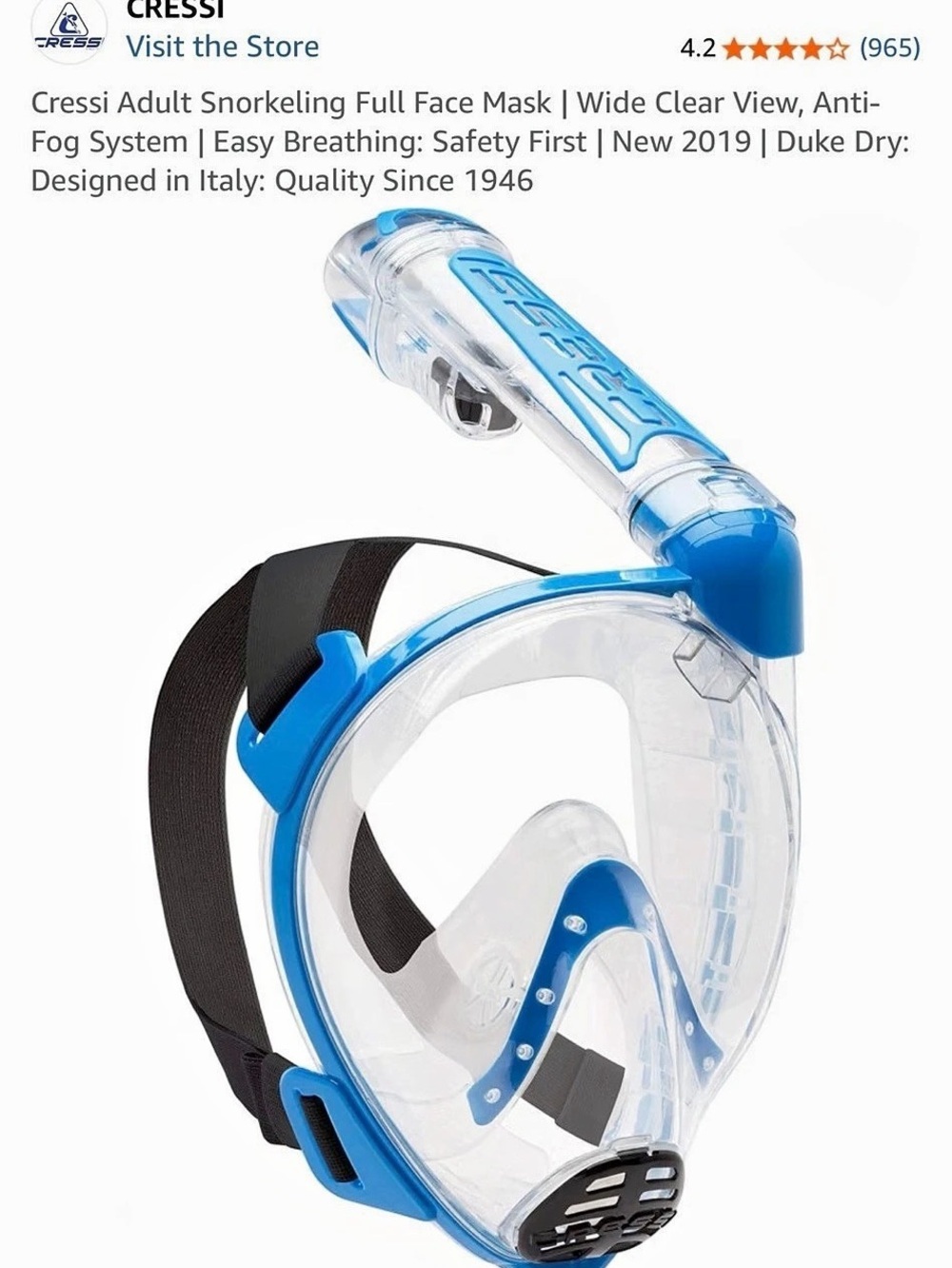 Cressi Duke Dry Full Face Snorkel Mask – Clear/Blue – Size S/M – New